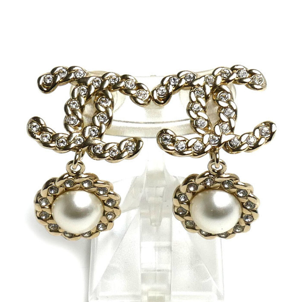 CHANEL Gold Pearl Logo Earrings